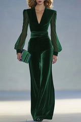 Solid Color Velvet V-neck Long-sleeved Elegant Fitted Jumpsuit