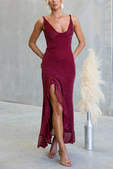 Glitter V Neck Sleeveles Ruffle Slit Maxi Dress