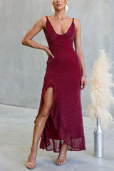 Glitter V Neck Backless Ruffle Slit Maxi Cami Dress
