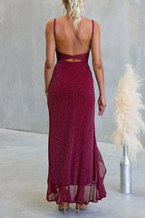 Glitter V Neck Backless Ruffle Slit Maxi Cami Dress