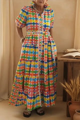 Colorful Square Art Print Collared Shirt Dress