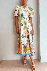 Heididress Puff Sleeve Food Printed Swing Maxi Vacation Dress