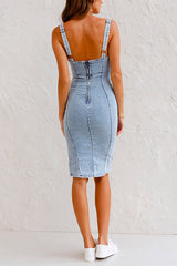 Heididress U Neck Adjustable Straps Slit Denim Bodycon Cami Dress