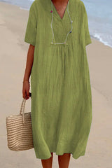 Heididress V Neck Short Sleeve Baggy Cotton Linen Midi Dress