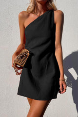 Heididress One Shoulder Solid Cotton Linen Mini Dress