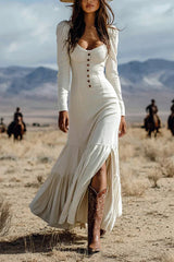 Heididress U Neck Buttop Up Long Sleeves Ruffle Slit Maxi Dress