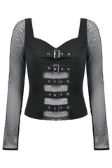 Punk Knitted Top with Mesh Overlay and Shoulder Buckle Details
