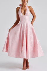 Heididress Halter V Neck Waisted Jacquard Swing Midi Party Dress