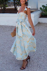 Heididress Ruffled Shoulder Bow Knot Waist Slit Printed Vintage Party Dress