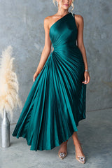 Heididress One Shoulder Cut Out Waist Pleated Satin Maxi Dress