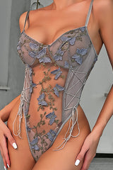 Butterfly Embroidered Sheer Mesh Patchwork Tie-Waist Bodysuit