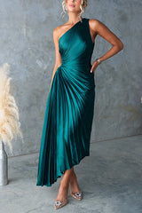Heididress One Shoulder Cut Out Waist Pleated Satin Maxi Dress
