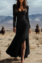 Heididress U Neck Buttop Up Long Sleeves Ruffle Slit Maxi Dress