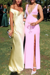 Heididress Off Shoulder Backless Cut Out Satin Maxi Dress