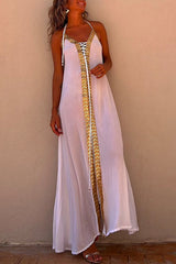 Heididress V Neck Backless Sequin Detailed Slit Maxi Cami Dress