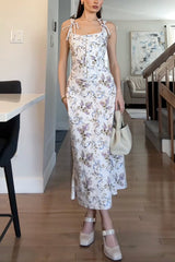 Heididress Bow Shoulder Back Lace-up Floral Print Midi Cami Dress