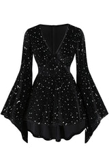Black 1960s Star V-Neck Velvet Dress