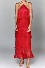 Heididress Chicest Halter Ruffle Layered Fringe Maxi Party Dress
