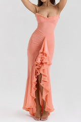 Heididress Spaghetti Strap Frill Trim Draped Slit Maxi Dress