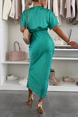Heididress V Neck Twist Front Waisted Satin Midi Dress
