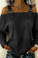 Daily Blue Off The Shoulder Long Sleeve Casual Denim Shirt