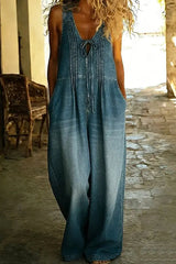 Casual Pleated Drawstring Loose Denim Jumpsuit
