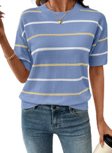 Women's  Crewneck Short Sleeve Knit Striped Tops
