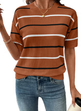 Women's  Crewneck Short Sleeve Knit Striped Tops