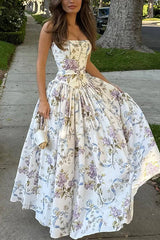 Heididress Spaghetti Strap Floral Print Bustier A-line Maxi Dress
