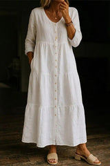 Women's Solid Color Casual V-neck Cotton Linen Long Dress