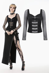 Punk Knitted Top with Mesh Overlay and Shoulder Buckle Details