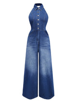 Blue 1930s Lapel Sleeveless Wideleg Denim Jumpsuit