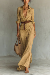 Heididress Lapel Long Sleeves Button Up Maxi Dress With Belt
