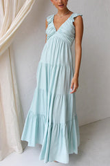 Heididress V Neck Ruffle Trim Tiered Sleeveless Linen Maxi Dress