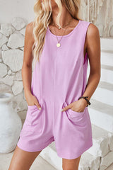 Solid Color Casual Round Neck Sleeveless Pocket Loose Rompers