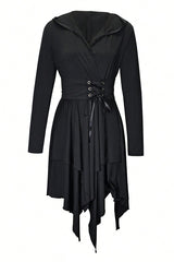Vintage Asymmetrical Hem Long Sleeve Hooded Dress For Spring & Fall