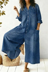 Women's Cozy And Casual Denim Jumpsuit With Large Front Pockets