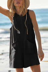 Solid Color Casual Round Neck Sleeveless Pocket Loose Rompers