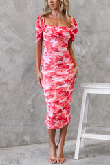 Off Shoulder Ruched Mesh Overlay Slim Fit Floral Midi Dress