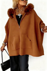 Heididress Dolman Sleeves Zipper Up Pocketed Jacket with Faux Fur Hood