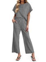Striped Short Sleeve T-Shirts Wide Leg Pants Two Piece Set (Buy 2 Free Shipping)