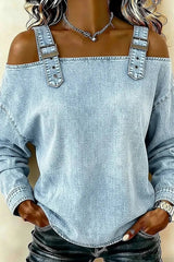 Daily Blue Off The Shoulder Long Sleeve Casual Denim Shirt