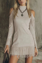 Semi-High Neck Off-The-Shoulder Fringed Faux Suede Long-Sleeved Mini Dress