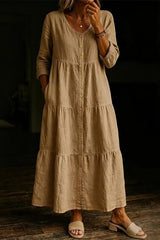 Women's Solid Color Casual V-neck Cotton Linen Long Dress