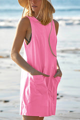 Solid Color Casual Round Neck Sleeveless Pocket Loose Rompers