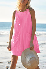 Solid Color Casual Round Neck Sleeveless Pocket Loose Rompers
