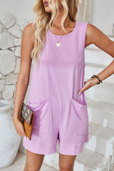 Solid Color Casual Round Neck Sleeveless Pocket Loose Rompers