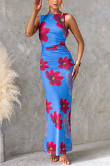 Low-cut Back Sleeveless Floral Print Maxi Dress