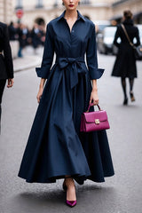 Heididress Lapel Long Sleeves Button Up Tie Waist Maxi Dress