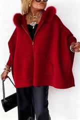 Heididress Dolman Sleeves Zipper Up Pocketed Jacket with Faux Fur Hood